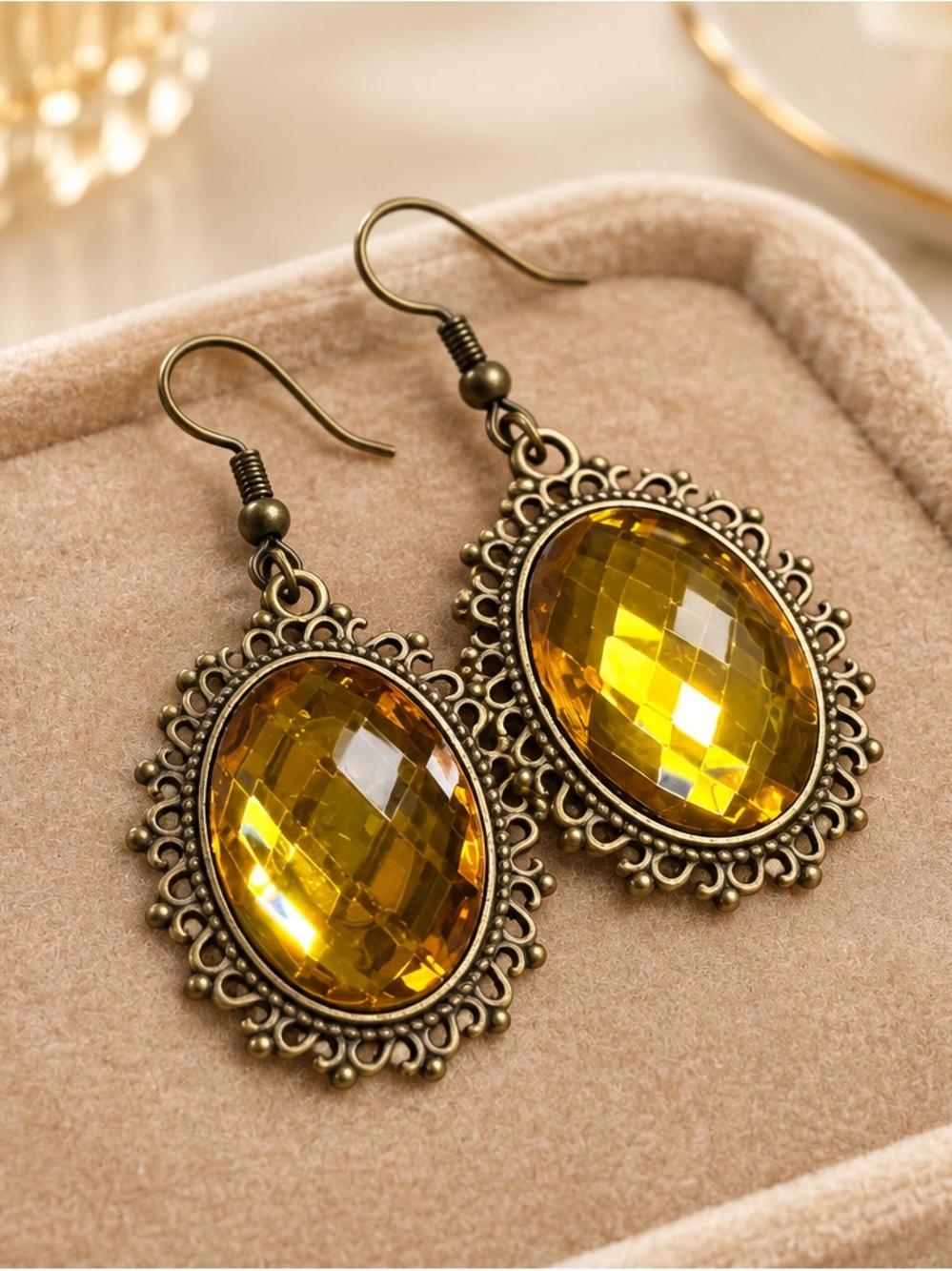 Fashion Jewelry Gold-Tone Oval Amber Drop Earrings